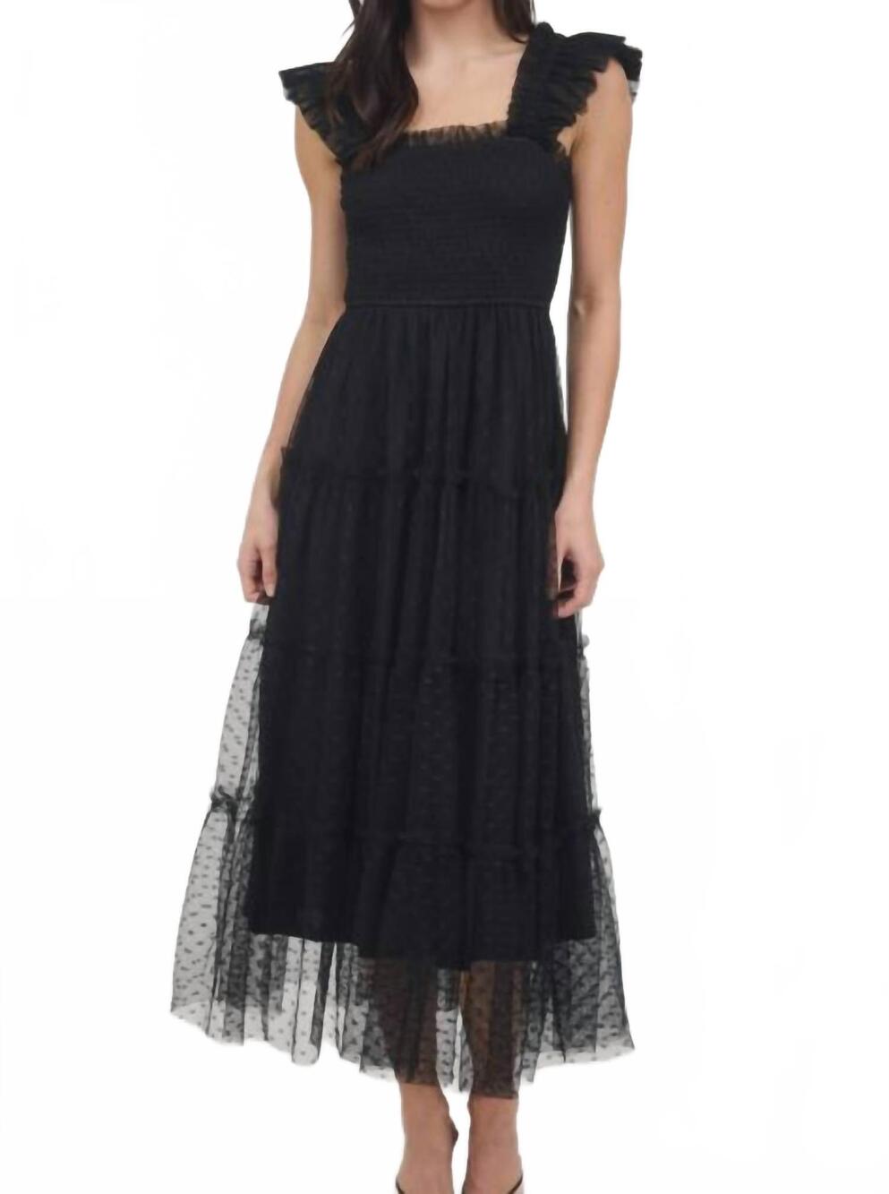 NEW BLU PEPPER polka dot chiffon smocked tiered midi dress in black